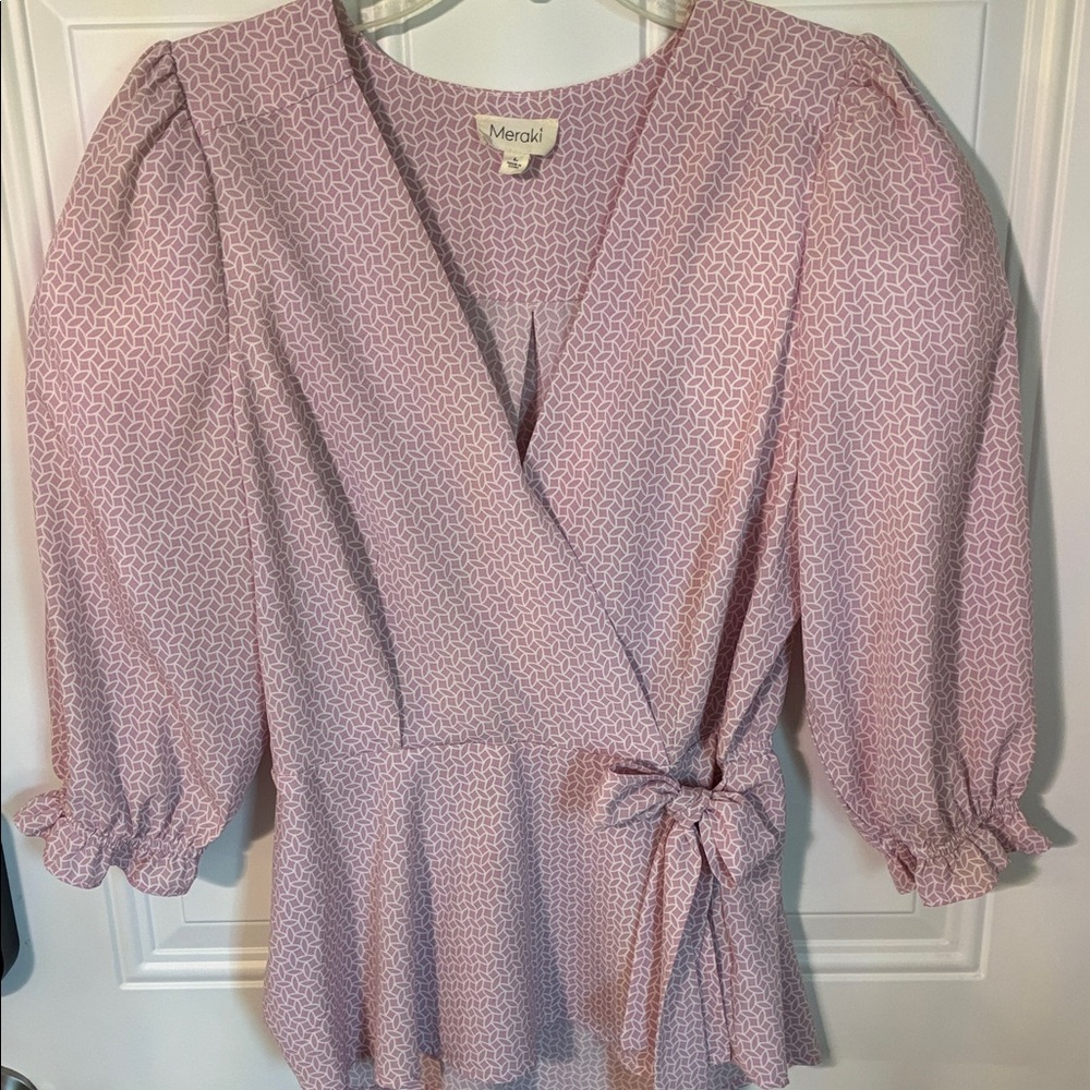 meraki Pink Geometric Wrap Peplum Blouse